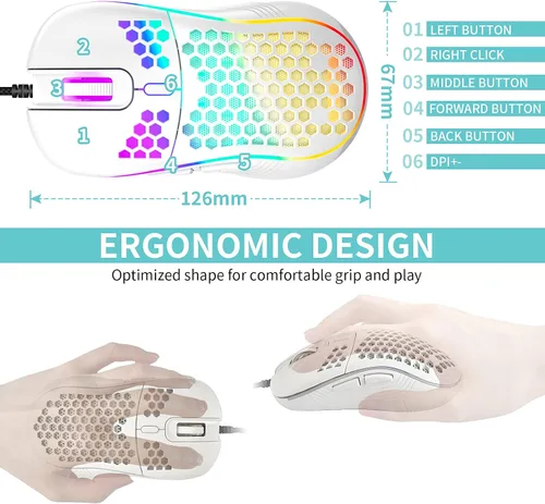 Vista 6 de Honeycomb - Ratón para juegos con cable, 4 DPI ajustables hasta 7200, retroiluminación RGB, mouse USB ligero y ergonómico con sensor óptico de alta