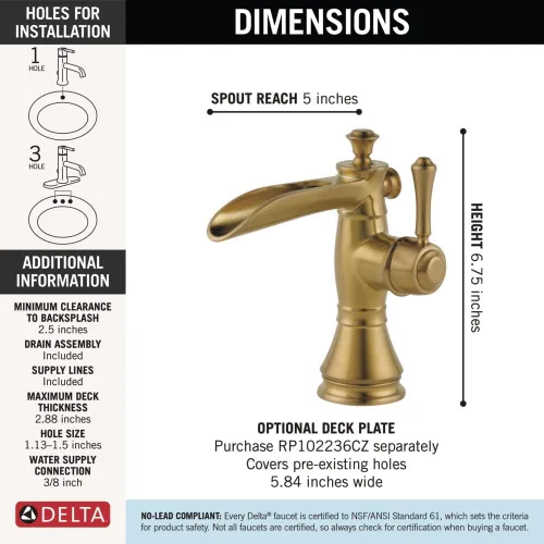Vista 3 de Delta 598LF-MPU llave para baño de amplio alcance, con montaje de drenaje emergente, 598LF-CZMPU