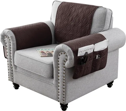 Vista 22 de Juego de 3 fundas impermeables para sofá reclinable, funda para reposabrazos y reposacabezas con 6 bolsillos de almacenamiento, protector acolchado