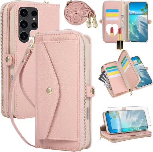 Vista 60 de Asuwish Funda de teléfono para Samsung Galaxy S23 5G con cremallera, funda para celular con protector de pantalla, correa para el hombro, espejo