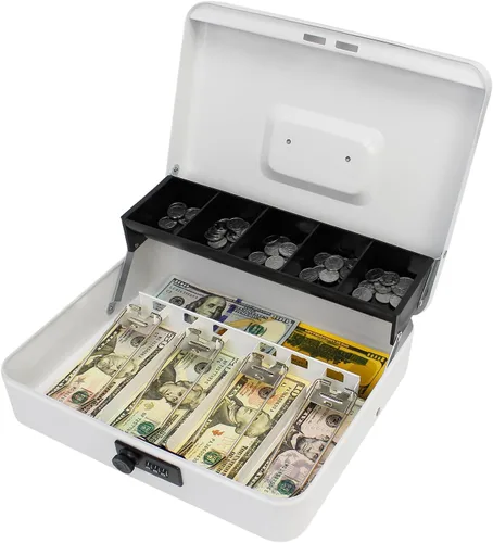 Vista 7 de Caja de efectivo con cerradura de combinación, caja de dinero de metal con bandeja de dinero, caja de bloqueo de efectivo para venta de garaje