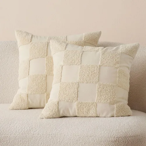 Vista 8 de Fundas de almohada de doble puntada 100 % algodón, fundas de almohada decorativas bohemias a cuadros con mechones de 20 x 20 pulgadas, hechas
