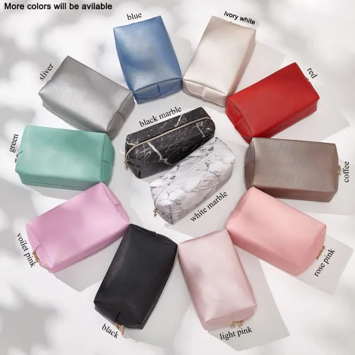 Vista 7 de Juego de 2 bolsas de cosméticos de piel sintética para mujer, bolsa de maquillaje minimalista para uso diario, bolsa de almacenamiento portátil
