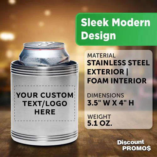 Vista 4 de Juego de 100 enfriadores de latas de acero inoxidable personalizados, paquete a granel, ideal para cerveza, refrescos, otras bebidas, color plateado