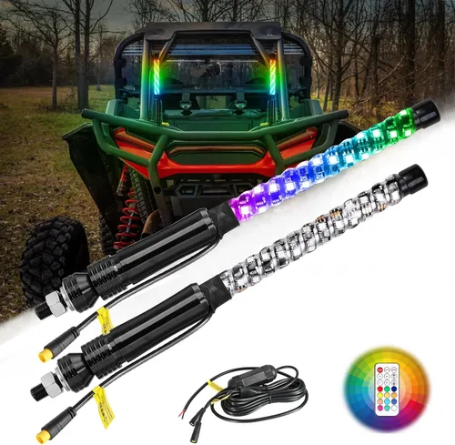 Vista 7 de Nirider 2PCS Luces LED Whip de 1 pie con Poste de Bandera Control Remoto Espiral RGB Luz de Persecución Todoterreno Antena Iluminada de Advertencia