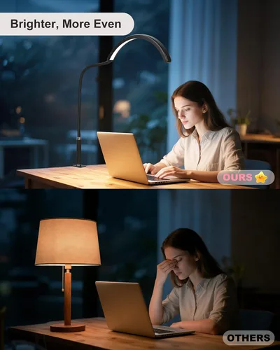 Vista 7 de Luz de media luna para escritorio de uñas, lámpara de manicura LED profesional sin sombras con abrazadera, 3 modos de color y 10 niveles de brillo