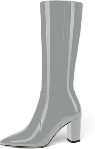 Vista 51 de AMBELIGHT Botas altas hasta la rodilla con cremallera y puntera puntiaguda para mujer, de patente sólida, tacón alto, 3.3 pulgadas