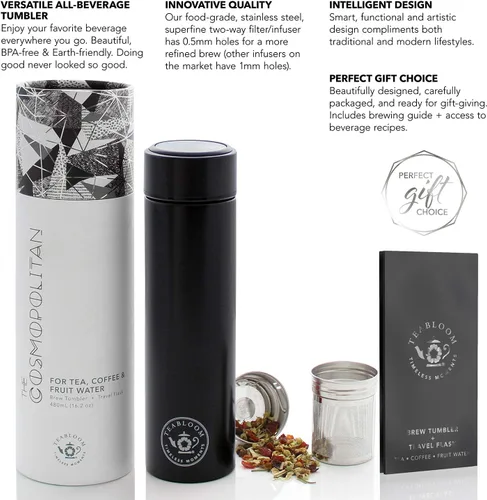 Vista 4 de Teabloom - El vaso y termo de viaje ORIGINAL All-Brew El favorito de OPRAH Botella de agua aislada de 16oz/480ml / frasco de té / taza de café