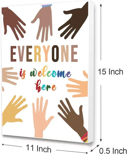 Vista 2 de Lienzo enmarcado con texto en inglés "Everyone Is Welcome Here", decoración de pared de diversidad multicultural para la escuela, aula, guardería