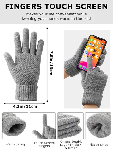 Vista 3 de Juego de 12 piezas de gorro de invierno, bufanda, guantes para pantalla táctil, forro polar, gorro de punto, bufanda calentador de cuello