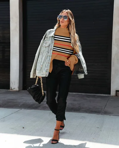 Vista 2 de Women's Mock Turtle Neck Long Sleeve Striped Oversized Side Slit Soft Knit Pullover Sweater Tops