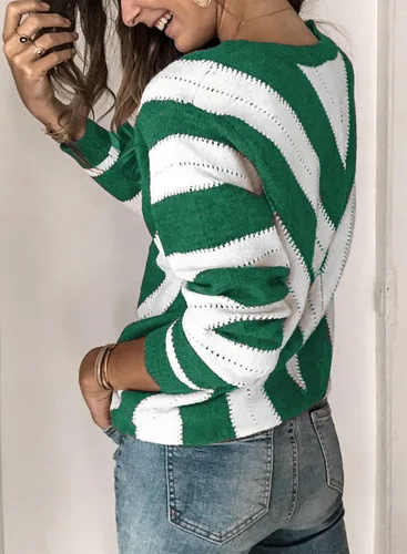 Vista 2 de EVALESS Suéteres para mujer, manga sexy, cuello en V profundo, casual, tejido a rayas