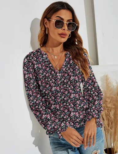 Vista 2 de Romanstii Camisetas casuales con cuello en V para mujer, blusas sueltas de manga larga abombada