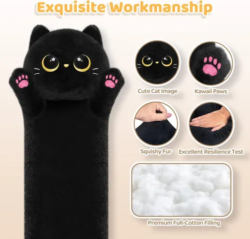 Vista 4 de Almohada larga de felpa negra ultra suave diseñada por artistas de Mewaii, con relleno extra para mayor comodidad, peluche de animal de alta