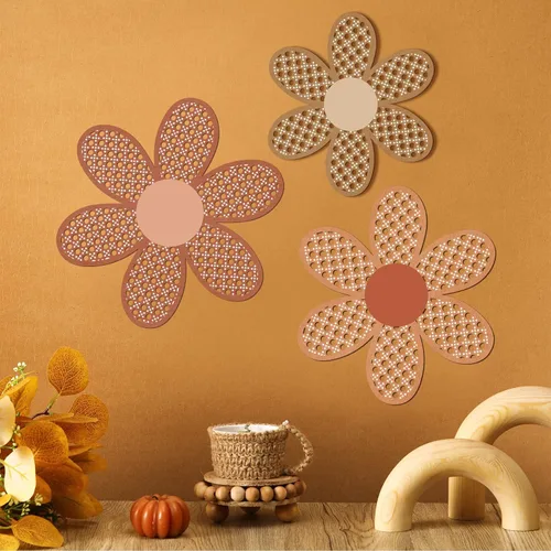 Vista 3 de Maitys 3 piezas de decoración de pared de margaritas bohemias, flores de ratán natural, arte bohemio de madera, flores de guardería, decoración