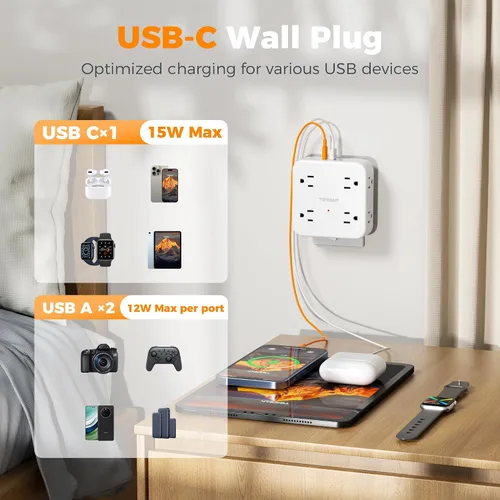 Vista 4 de TESSAN - Extensor de toma de corriente múltiple, extensor de enchufe de pared con 8 enchufes, divisor de salida múltiple con 3 puertos USB