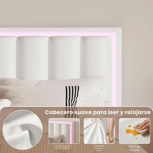 Vista 3 de Base de cama tamaño Queen con 4 cajones de almacenamiento, base de cama tapizada Queen con cabecero, luces LED RGB, base de metal resistente y Blanco