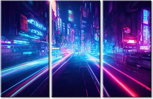 Vista 53 de Arte de pared de 3 piezas de escena de ciencia ficción de la calle comercial futurista paisaje urbano, decoración de pared para dormitorio