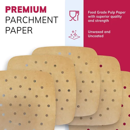 Vista 4 de Reli. Forros de papel pergamino para freidora de aire (400 piezas) marrón Hojas desechables cuadradas de 8.5 pulgadas Papel pergamino