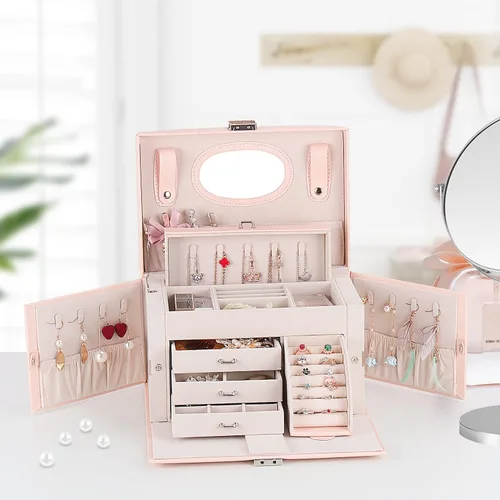 Vista 4 de Botanka Joyero para mujer caja de joyería de piel sintética cajas organizadoras de almacenamiento para anillos aretes collares pulseras estuche