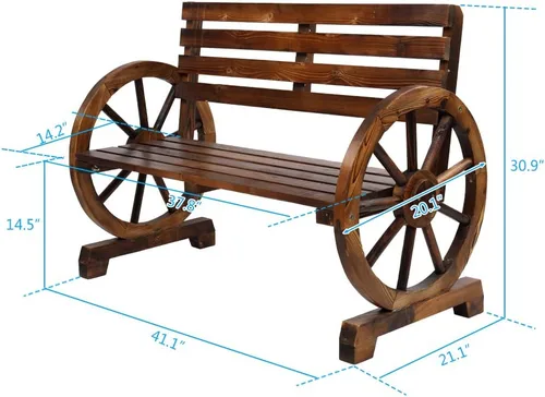 Vista 3 de Outvita Banco de ruedas de madera para carro, muebles rústicos de salón al aire libre, banco de asiento para 2 personas con respaldo y listones