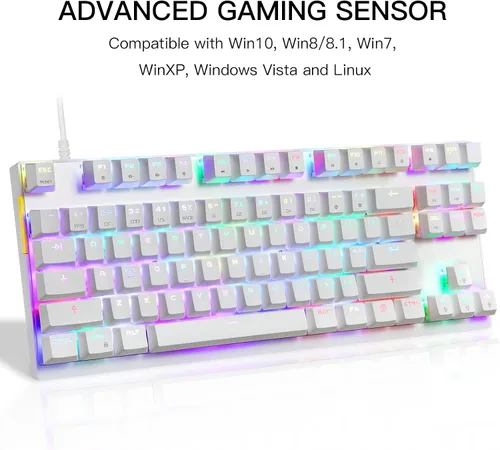 Vista 2 de Motospeed Teclado mecánico profesional para juegos RGB retroiluminado con arco iris compacto de 87 teclas con cable para juegos Windows PC