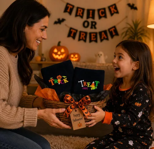Vista 4 de Juego de 2 toallas de mano decorativas de Halloween, toallas de algodón de terciopelo de felpa negra con diseño bordado de truco o trato, toallas