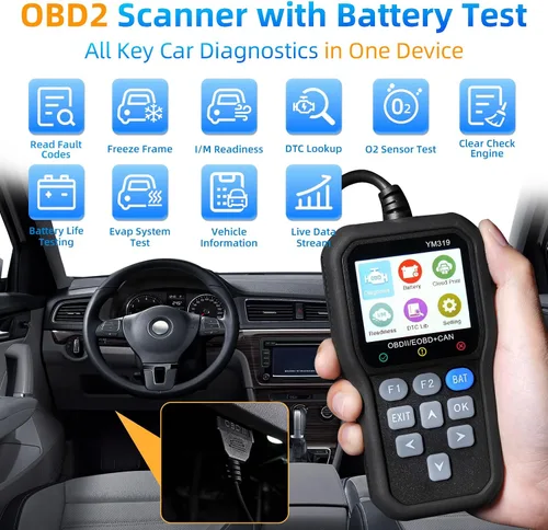 Vista 2 de Escáner FX319 OBD2 lector de código OBD2, herramienta de diagnóstico de coche con probador de batería de 12 V, apaga la luz del motor