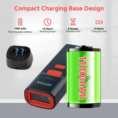 Vista 3 de VOTTAN Escáner de código de barras QR Bluetooth con soporte de carga, lector de código de barras de bolsillo 1D 2D PDF417 UPC, escaneo automático