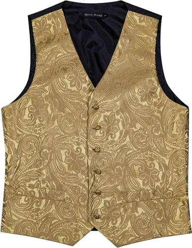 Vista 3 de Barry.Wang Chaleco formal de los hombres Paisley Jacquard seda corbata traje chaleco conjunto boda 5PCS
