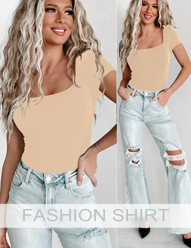 Vista 6 de ANGGREK Camisetas básicas de cuello cuadrado para mujer, monos de una pieza, manga larga, ajuste adelgazante