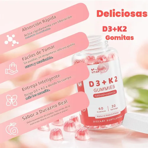 Vista 3 de Gomitas de vitamina D3 K2, 60 unidades, paquete de 2, sabor a melocotón