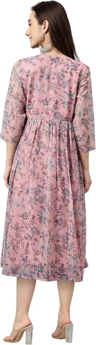Vista 6 de Janasya Vestido acampanado con estampado floral de lúrex de gasa rosa para mujer