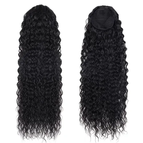 Vista 2 de Cola de caballo larga y rizada con cordón de 30 pulgadas, extensiones de cola de caballo sintéticas con clip, color negro para mujer, afro rizado