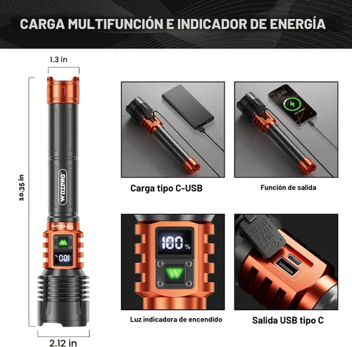 Vista 4 de Wdtpro Linternas LED Recargables de Alto Lúmenes, Linterna Recargable Súper Brillante de 90,000LM con Pantalla LCD, 5 Modos e Impermeable Potente