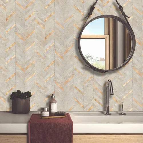 Vista 2 de DICOFUN 10 hojas de espiga para despegar y pegar, PVC de piedra beige para salpicaduras, azulejos de pared autoadhesivos con aspecto de mármol
