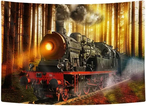 Vista 3 de Bzhilja Tapiz de tren de vapor, tapiz vintage retro antiguo de tren de motor, antiguo tren antiguo en vías de ferrocarril, tren expreso, tren