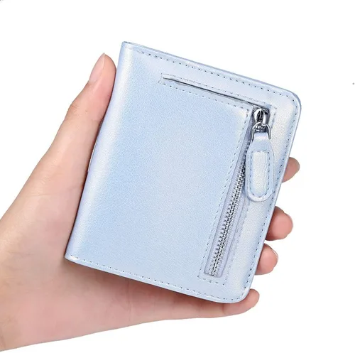 Vista 4 de Funtor Cartera de cuero para mujer, pequeña y compacta, con bolsillo doble, bloqueo RFID, para mujer