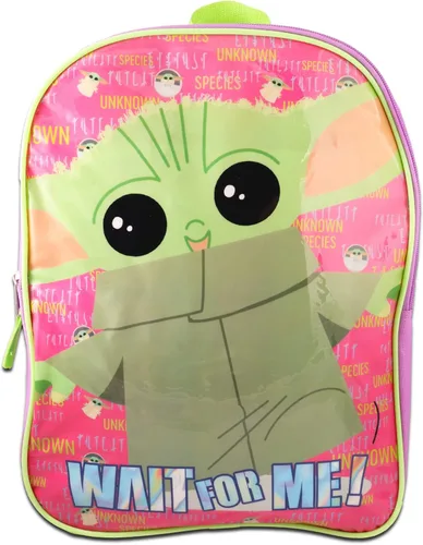 Vista 2 de Baby Yoda Mochila para niñas, niños, paquete de 4 piezas con mochila escolar rosa de 16 pulgadas, calcomanías mandalorian, clip para mochila y más