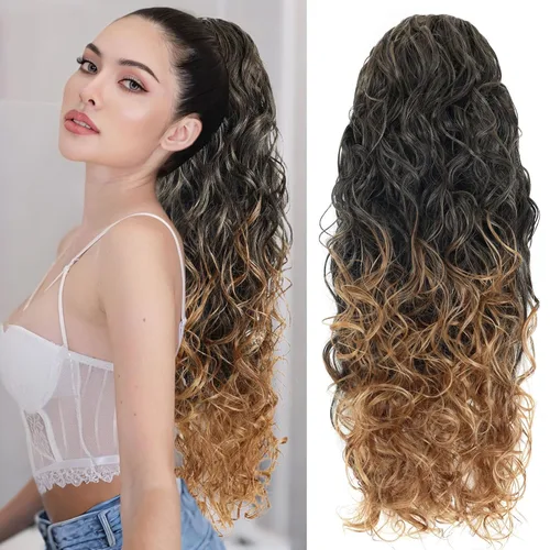 Vista 8 de Icono de la moda - Extensión de cola de caballo rizada ondulada con clip, cabello real, cola de caballo negra, extensiones de cordón con clip