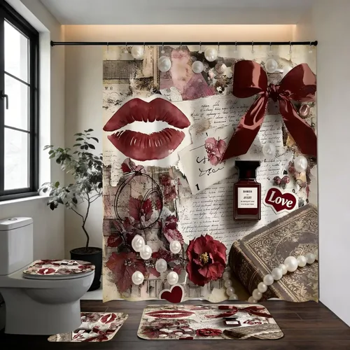 Vista 2 de DDQQ Juego de 4 Piezas de Cortina de Ducha de Labios Sexy para Mujeres con Lazo de Perlas, Juego de Decoración de Baño, Cortinas de Baño de Perfume