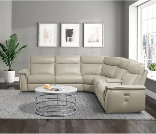 Vista 2 de Pemberly Row Sofá reclinable doble de cuero de 110" con reposacabezas en beige