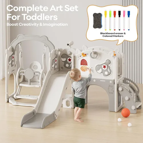 Vista 4 de Mloong Juego de toboganes y columpios 11 en 1 para niños pequeños de 1 a 3 años, para interiores y exteriores, con aro de baloncesto, golf, fácil
