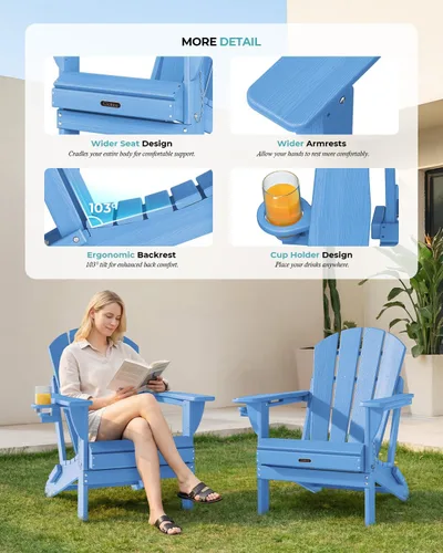 Vista 7 de Ciokea Silla Adirondack plegable con textura de madera, silla Adirondack para patio, resistente a la intemperie, silla de plástico para hoguera