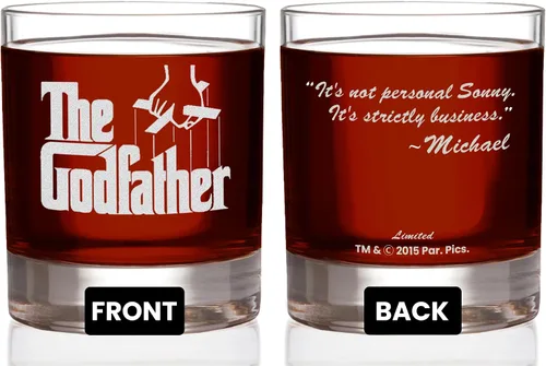 Vista 9 de Vaso de whisky oficial de Godfather Etched Rocks, con logotipo y cita "I'm gonna make him an offer he can't refuse", cristalería artesanal de alta