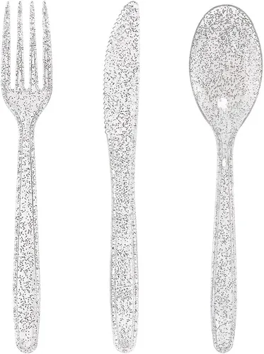 Vista 10 de WDF Cubiertos de plástico dorado 360, cubiertos desechables con purpurina dorada, cubiertos de plástico con 120 tenedores, 120 cucharas, 120