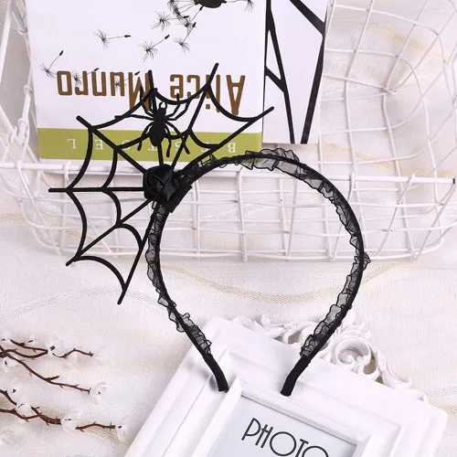 Vista 6 de Aro de telaraña de Halloween para el cabello, accesorio para disfraz de araña (negro)