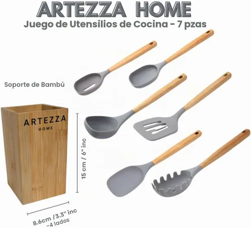 Vista 2 de Juego de utensilios de cocina de silicona de alta calidad, herramientas de cocina de 7 piezas con asas de madera de acacia y soporte de bambú, Gris