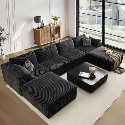 Vista 56 de 118" Cloud Couch Oversized Modular Sectional Sofa, Boneless L-Shaped 6 Seater Deep Seat Couch with Ottoman, Soft Corduroy Upholstery, DIY Negro
