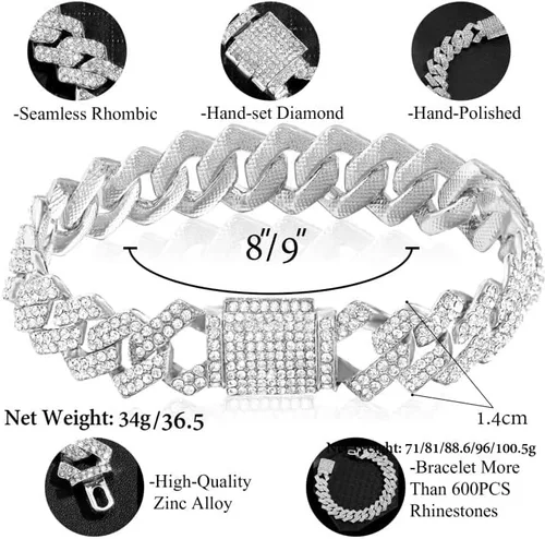 Vista 4 de Miami - Cadena de eslabones cubanos para hombre, 0.555 pulgadas (0.551 in) de diamante, cadena de eslabones cubanos, collar, pulsera, joyería de hip